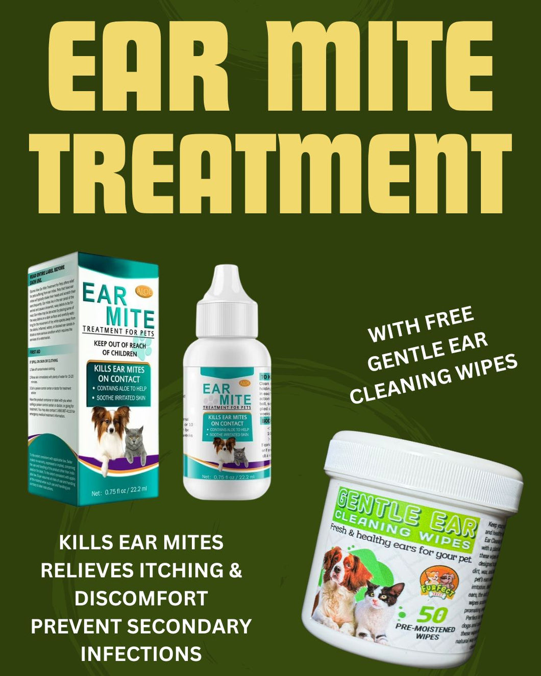 Ear Mite Treatment with FREE Gentle Ear Cleaning Finger Wipes